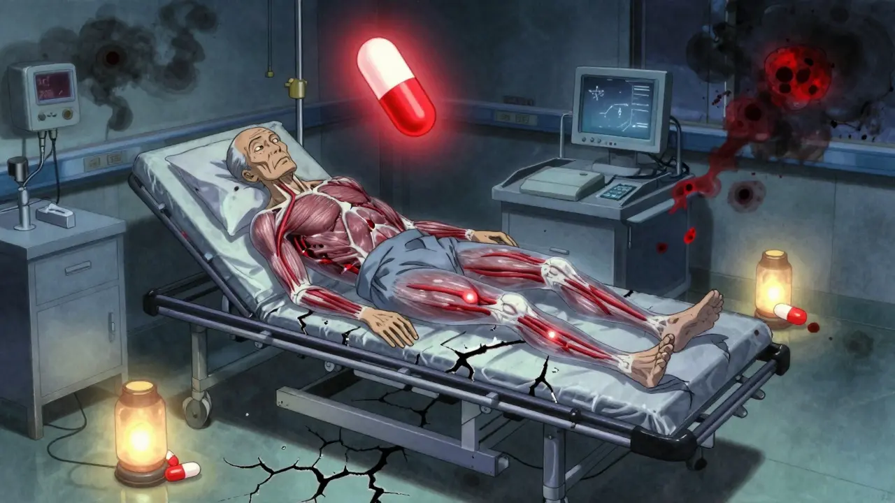 Patient hospitalisé avec des microtubules qui se brisent à l'intérieur du corps, pilule de clarithromycine flottant au-dessus.