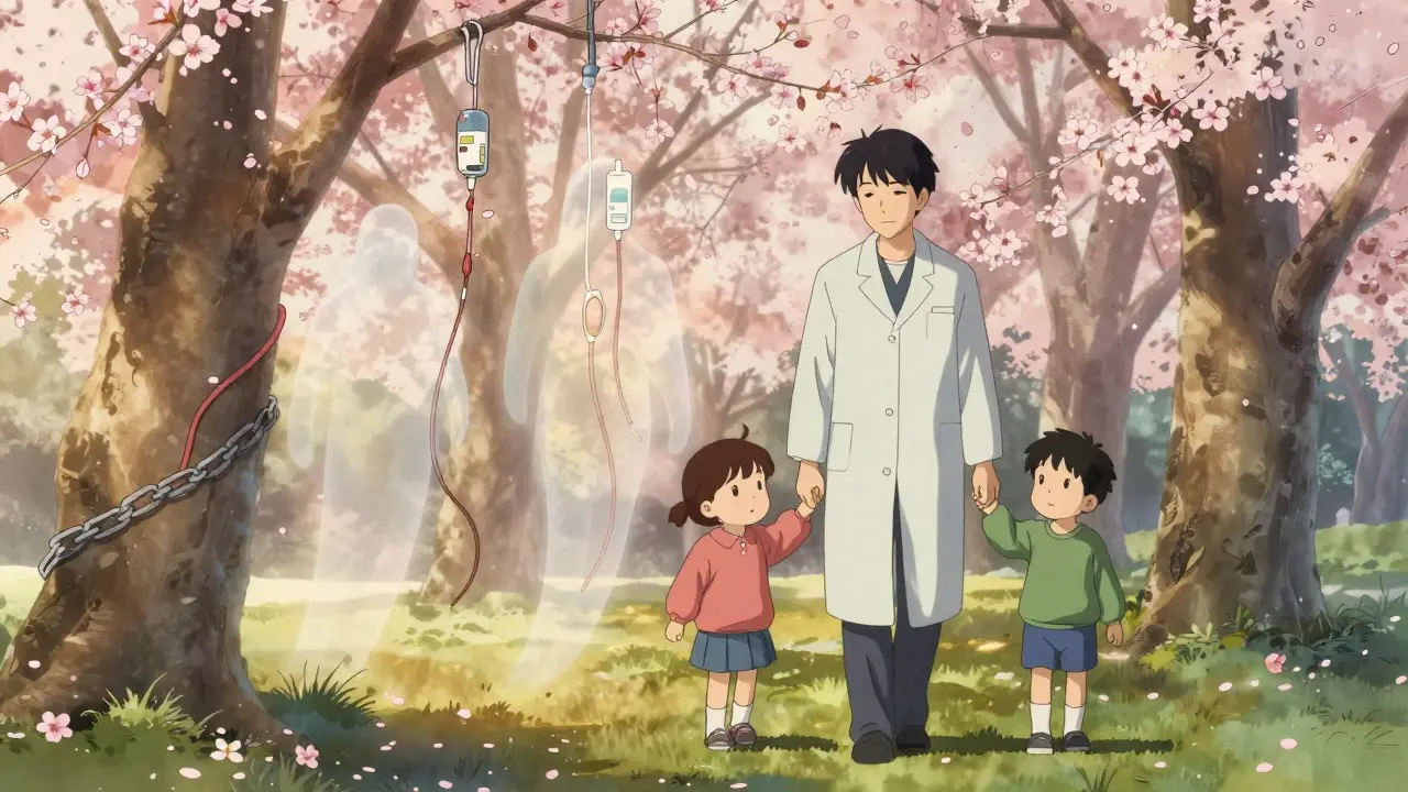 Patient marchant au parc avec ses petits-enfants, des chaînes de dialyse se dissolvant en lumière dorée.