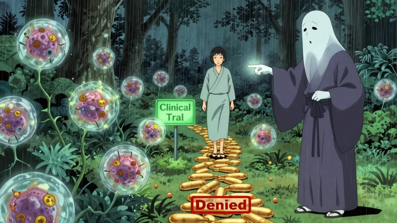 Patient marchant dans un jardin de cellules cancéreuses en fleurs, chemin vers un essai clinique, conseiller génétique fantomatique guidant.