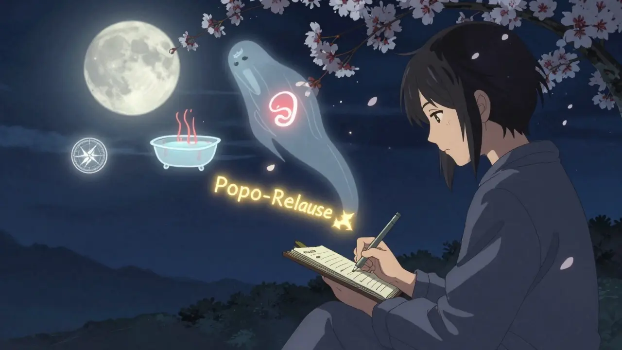 Patient notant ses symptômes sous la lune, entouré de symboles des déclencheurs, avec un outil de diagnostic flottant.