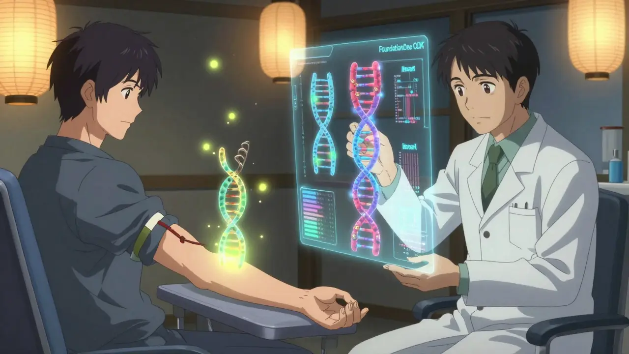 Patient recevant une biopsie liquide, des brins d'ADN tumorale flottant comme des lucioles, scientifique analysant des séquences génétiques holographiques.