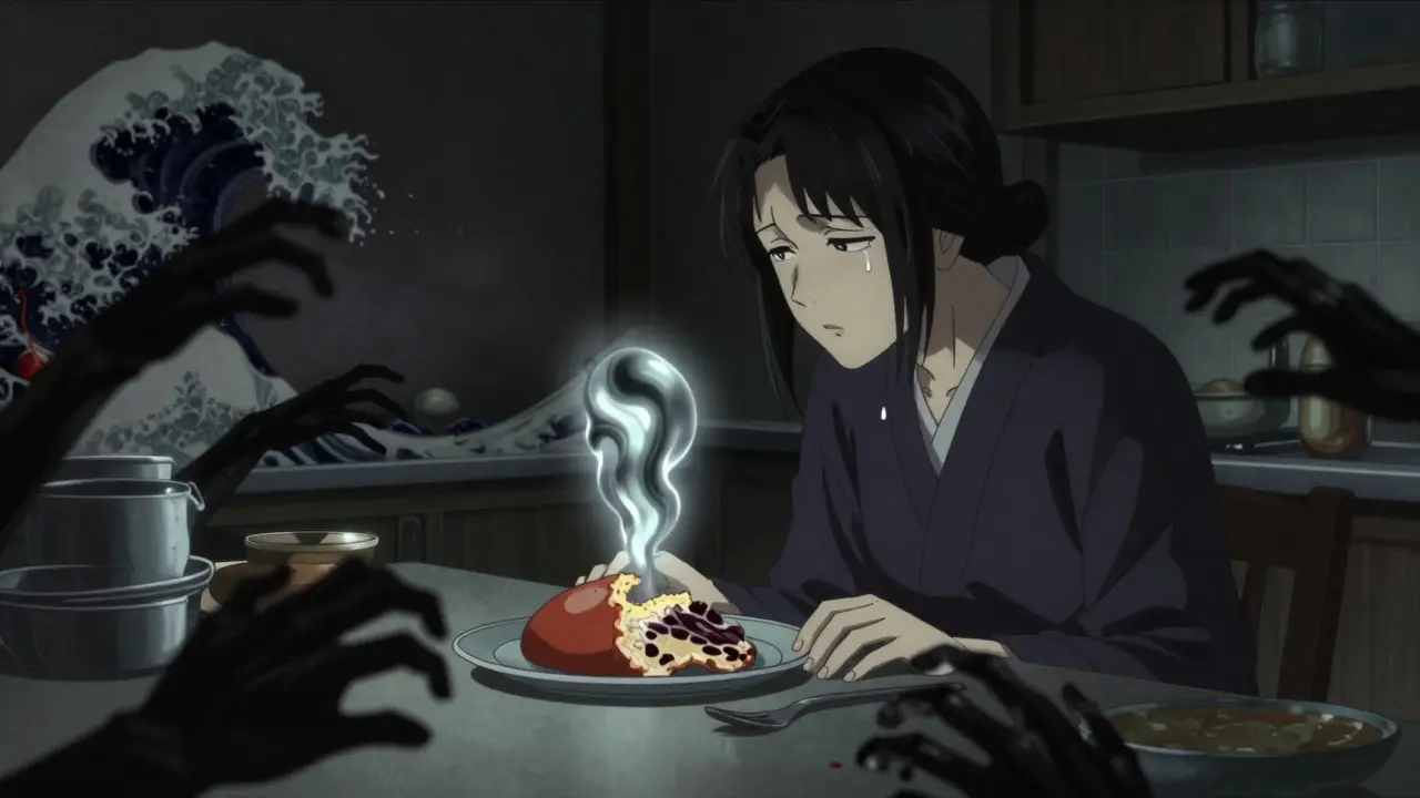 Patient regardant un repas avec un goût métallique, des mains squelettiques sortant de la nourriture.