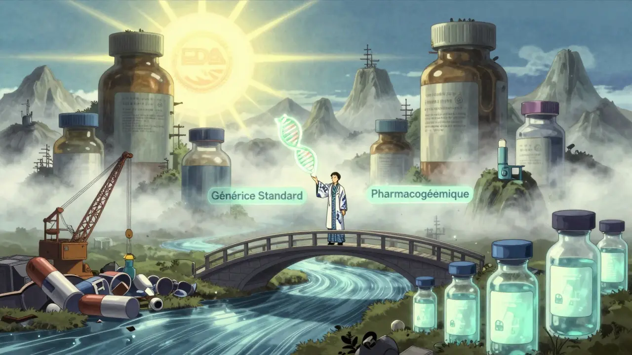 Paysage futuriste de pharmacie hospitalière avec des montagnes de comprimés et une molécule d'ADN qui se divise en deux voies.