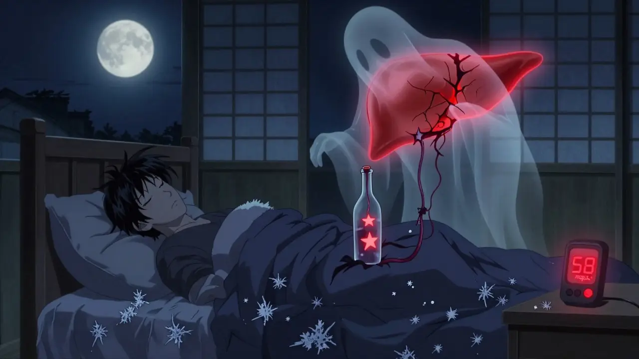 Personne endormie avec un graphique de glycémie en chute et un foie fantomatique la vidant.