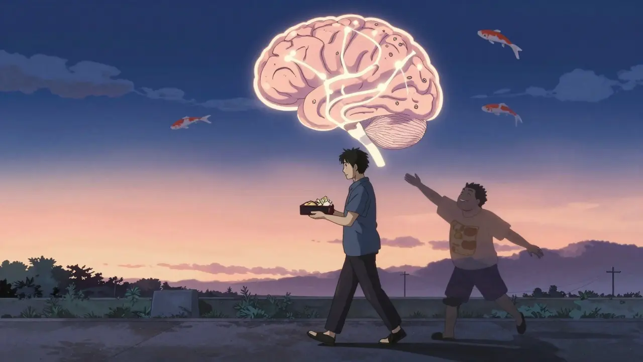 Personne marchant au coucher du soleil, son ombre montrant deux versions d'elle-même, l'une plus lourde, l'autre plus légère.