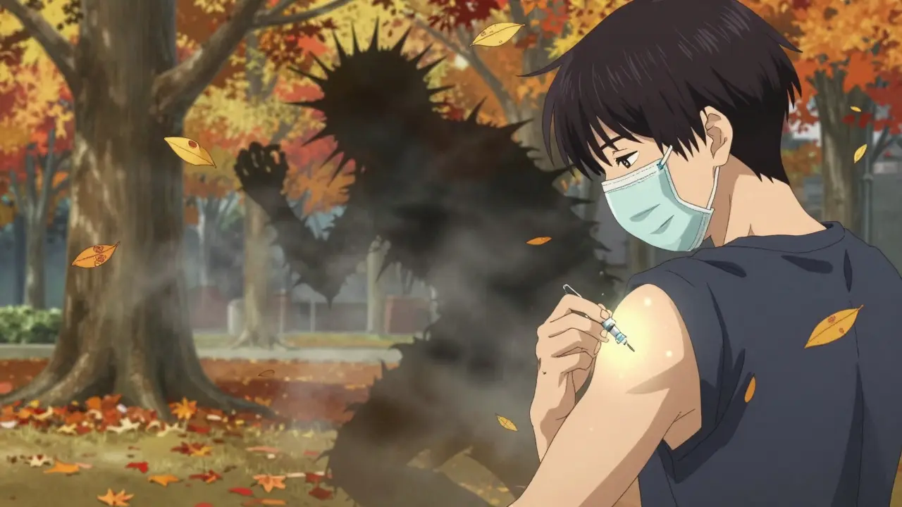 Personne recevant un vaccin automnal dans un parc, des feuilles tombent, un variant se dissipe en brume.