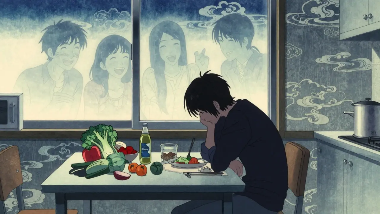 Personne seule à la cuisine, repas non mangé, amis fantômes à la fenêtre, isolement profond.