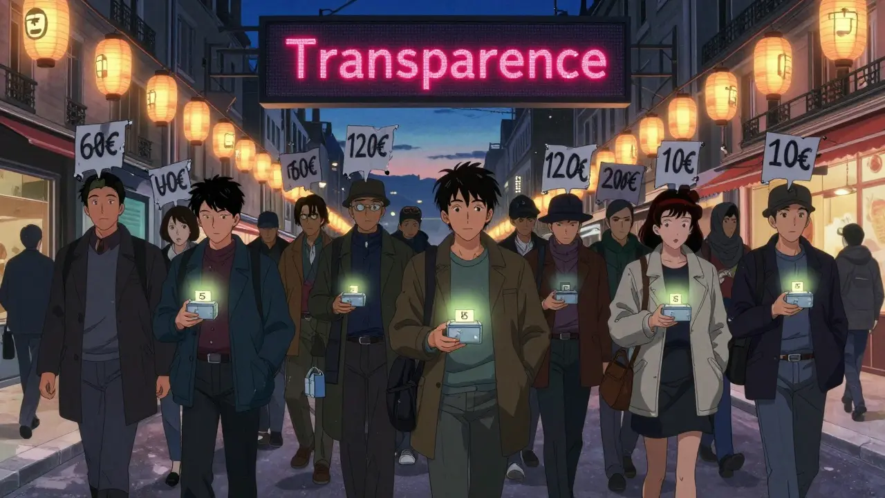 Personnes marchant dans une ville nocturne, des boîtes de médicaments aux prix bas flottant devant elles, loin des prix élevés.