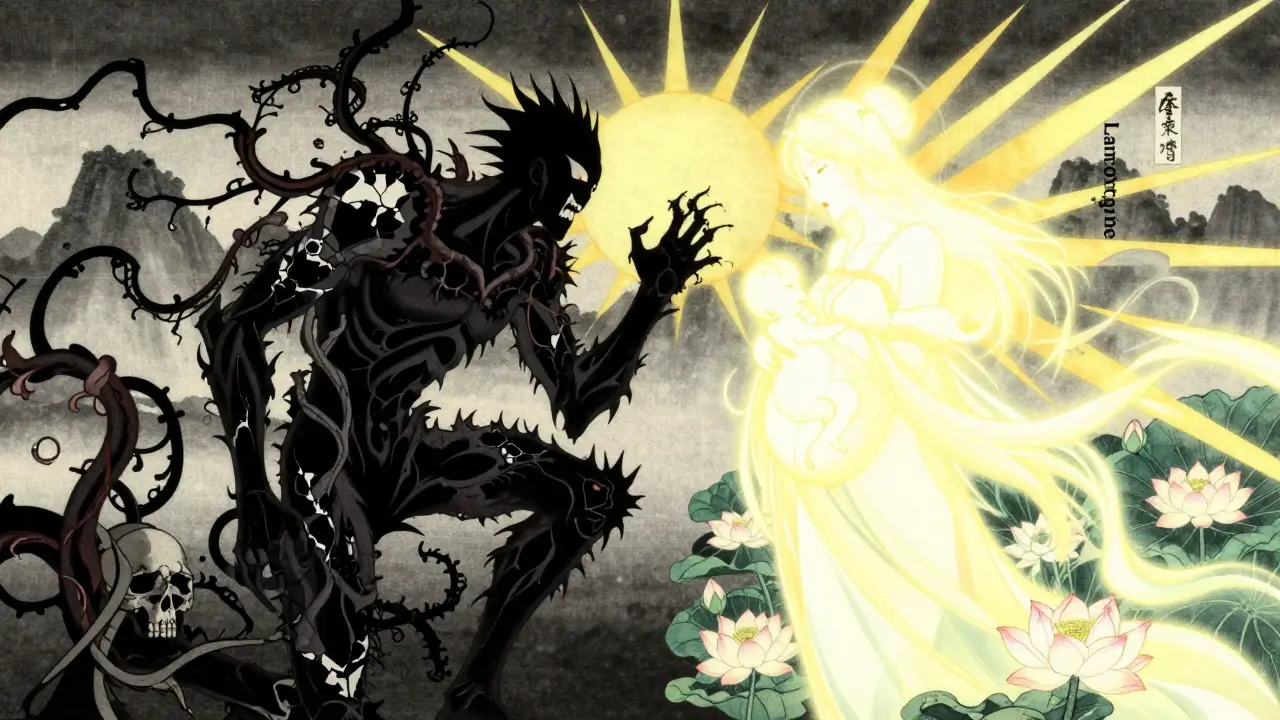 Représentation symbolique d'un médicament dangereux contre un médicament sûr, entouré de fleurs de lotus et de lumière.