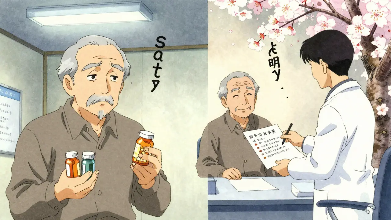 Scène comparant un patient confus et un patient rassuré après une consultation médicamenteuse.