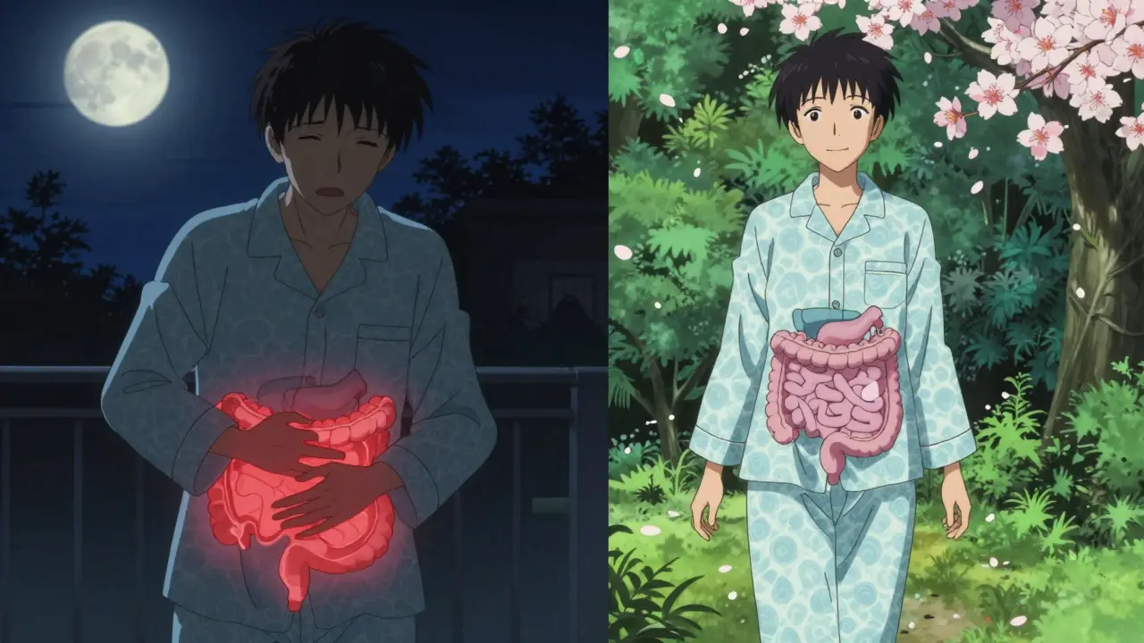 Scène en deux parties : d'un côté une personne souffrant de nausées, de l'autre la même personne en paix dans un jardin.