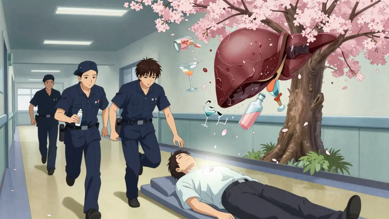 Secouristes administrent du glucose à une personne inconsciente portant un bracelet médical.