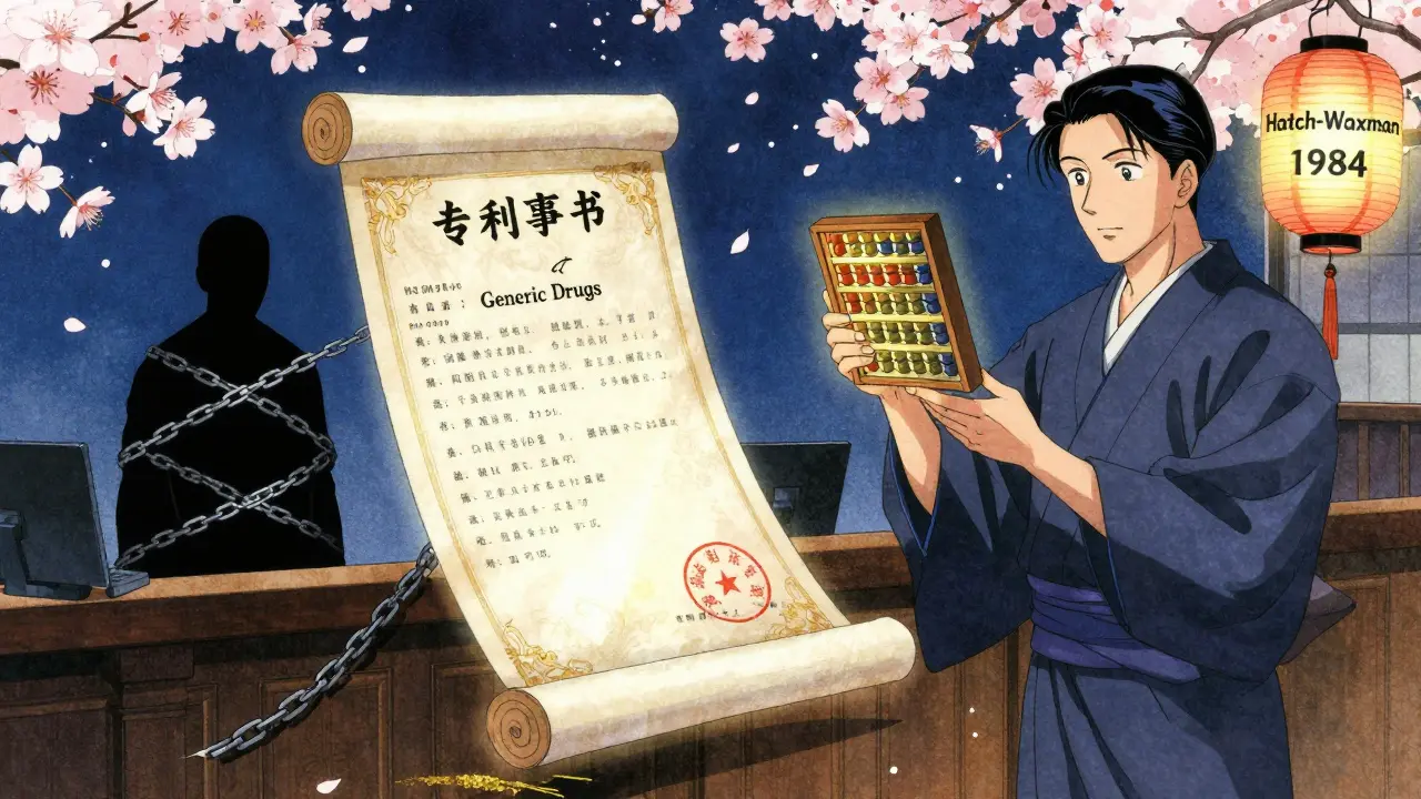 Un brevet flottant entrave les génériques dans une salle d'audience stylisée Ukiyo-e.