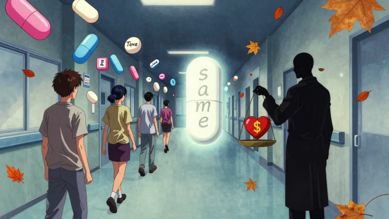 Un couloir de hôpital avec des pilules flottantes de toutes les couleurs, une seule brillant au loin, dans un style anime ukiyo-e.