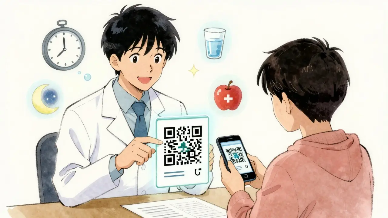 Un pharmacien explique un code QR sur une ordonnance avec des icônes animées flottantes.