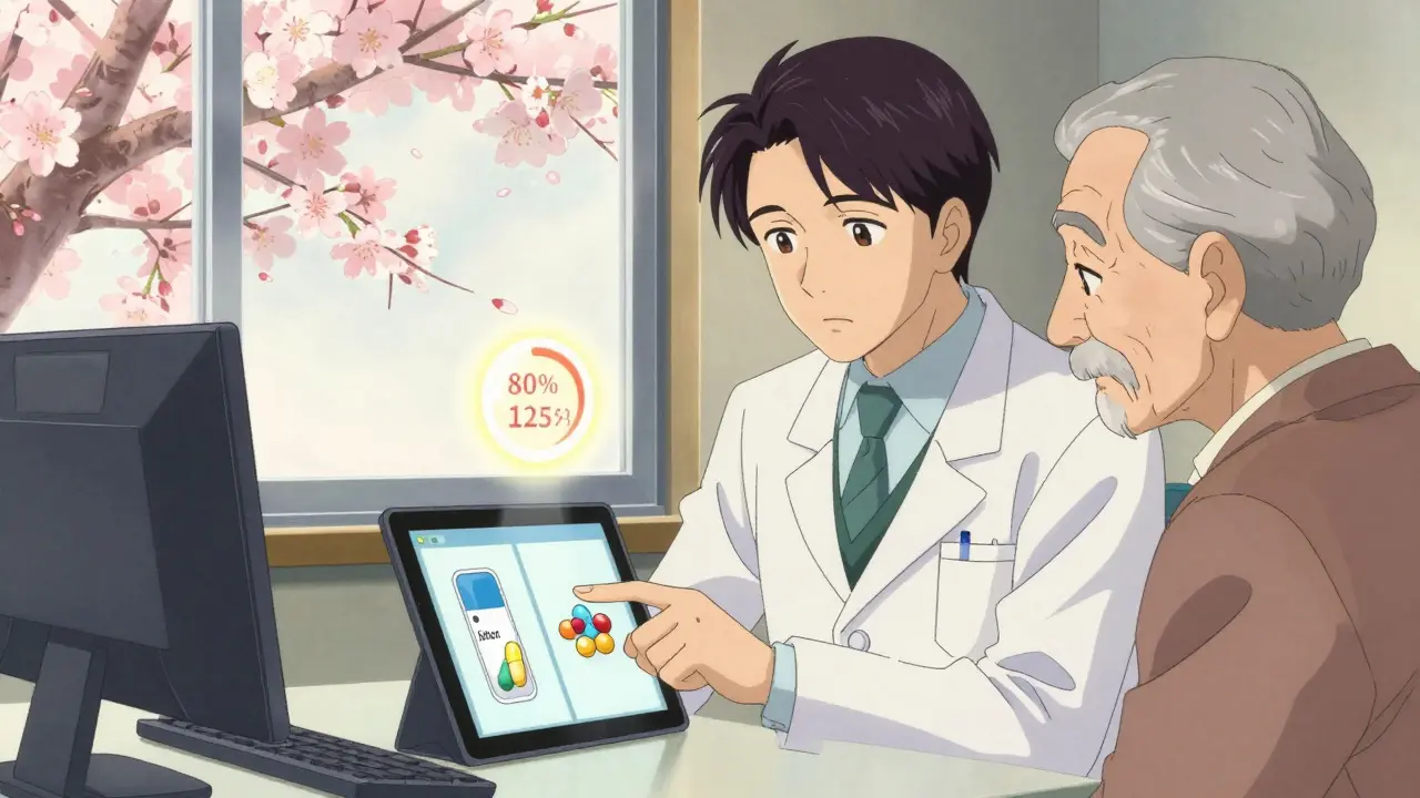 Un pharmacien montre à un patient deux pilules sur un écran, avec des fleurs de cerisier en arrière-plan, dans un style anime traditionnel.