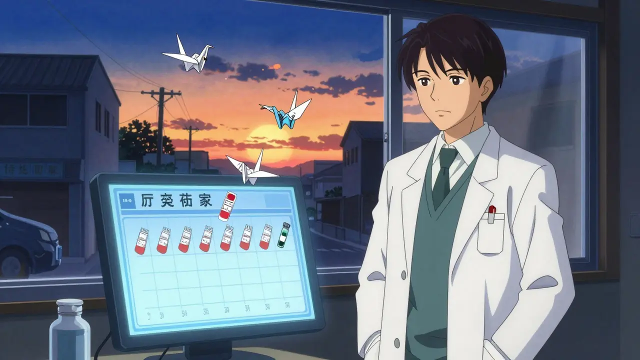 Un pharmacien montre un plan de traitement sur un écran lumineux, des grues en papier évoquent la sécurité.