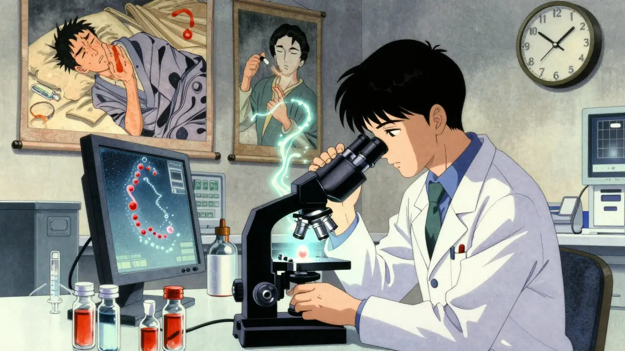 Un scientifique observe un échantillon de sang brillant sous un microscope, avec des motifs traditionnels japonais en arrière-plan.