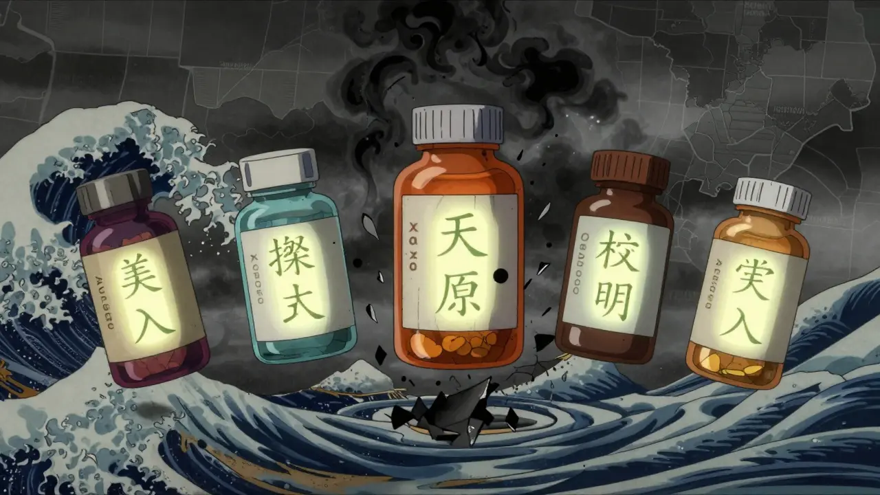 Cinq bouteilles de médicaments contrôlés flottant avec des motifs japonais traditionnels, certaines brisées en fumée noire.