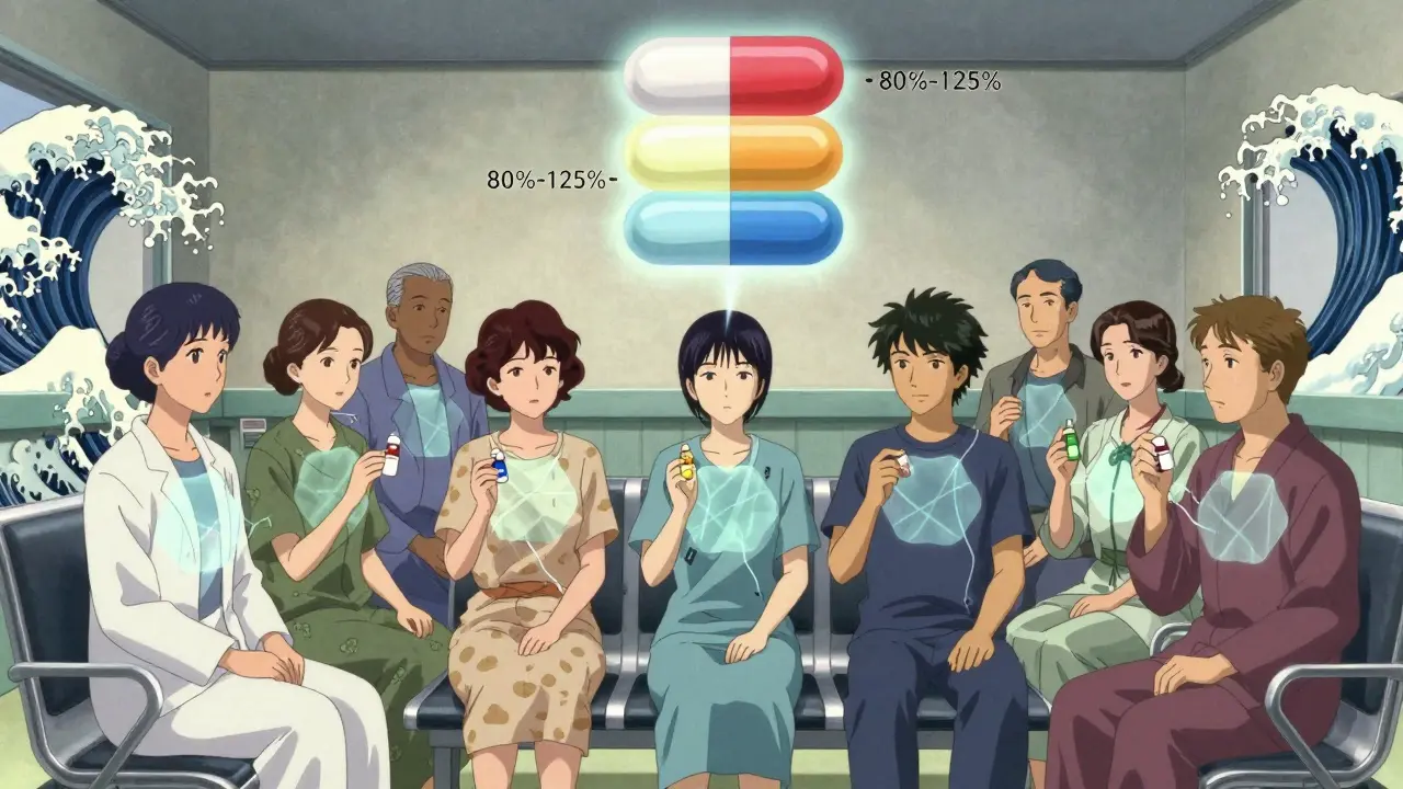 Des patients tiennent des médicaments génériques, reliés à une structure de comprimé symbolisant l'équivalence biochimique.