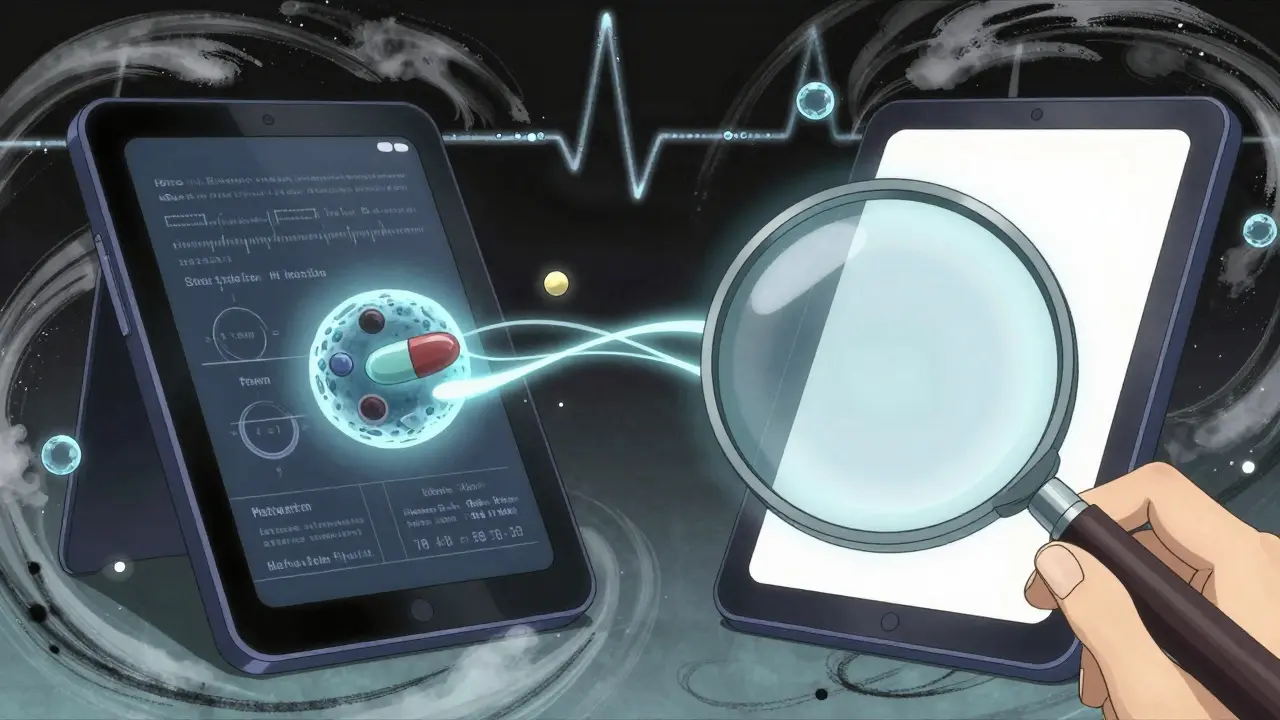Deux comprimés, l'un générique et l'autre original, comparés sous une loupe avec des motifs scientifiques stylisés.