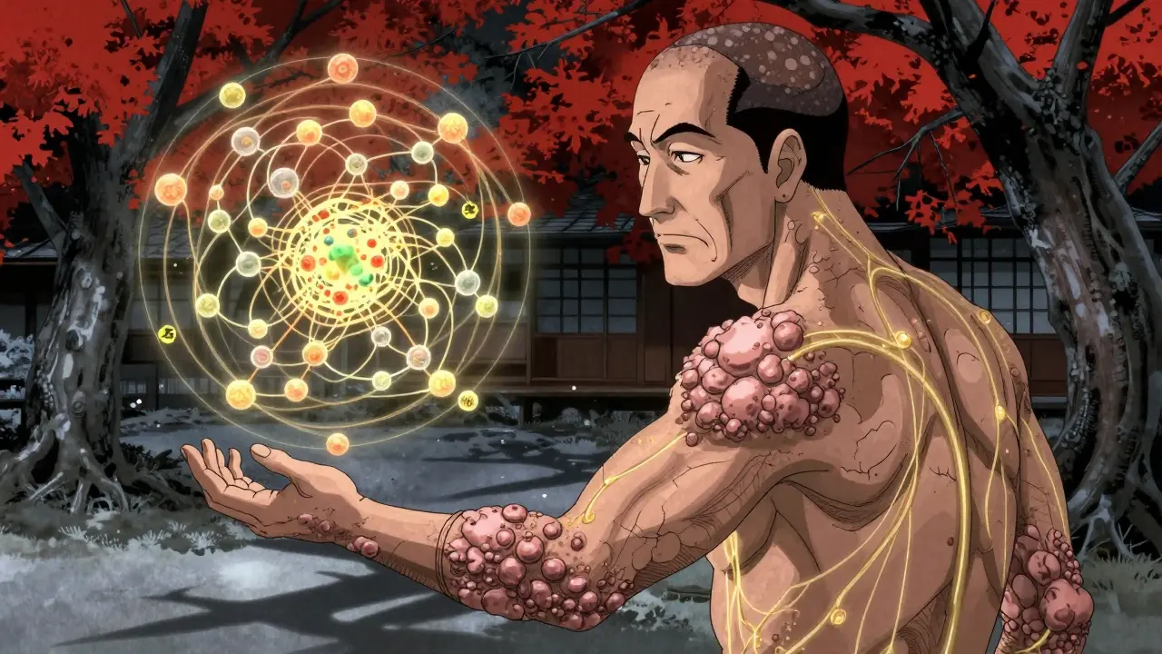 Homme avec des plaques épaisses de psoriasis et des signaux immunitaires dorés émanant de sa peau.