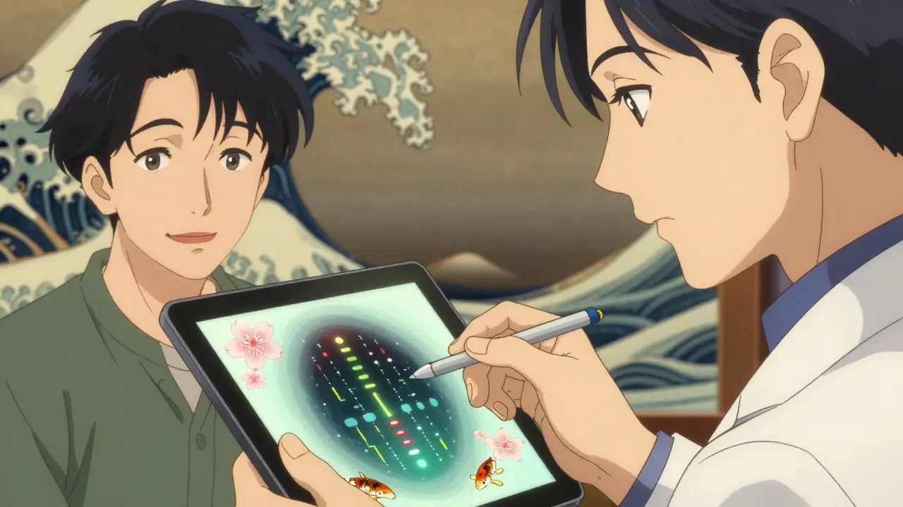 Médecin examinant un résultat de test génétique, patient soulagé