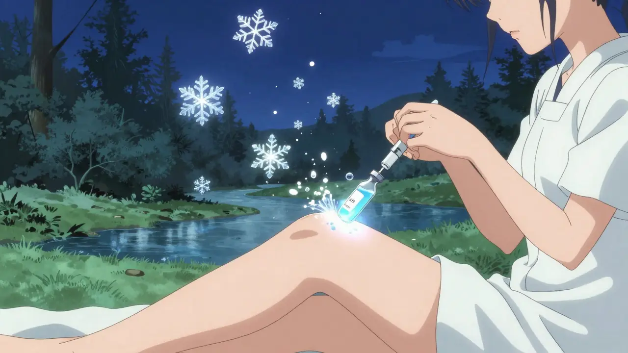 Patient s'injectant un traitement ciblé, entouré de particules de lumière neutralisant l'inflammation.