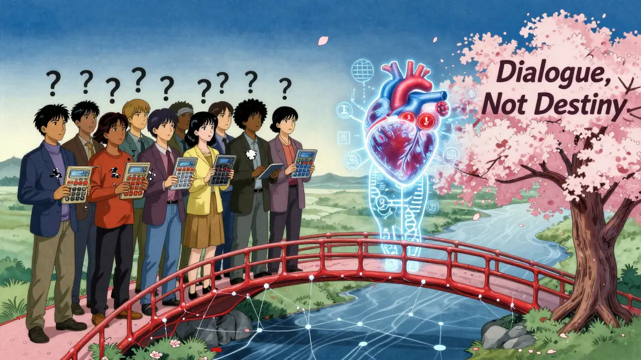 Pont de données médicales reliant personnes aux outils de risque obsolètes et aux nouvelles technologies.