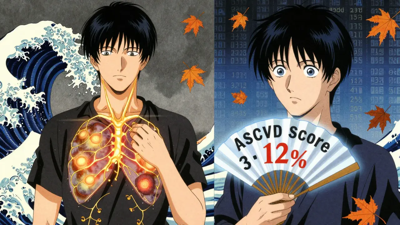 Scène en deux parties : scan du calcium coronaire transformant un risque estimé de 12 % en 3 %.