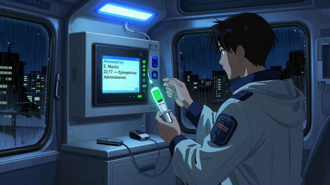 Un coffre-fort intelligent dans une ambulance de nuit, avec un capteur de température qui affiche 21°C et un registre numérique.