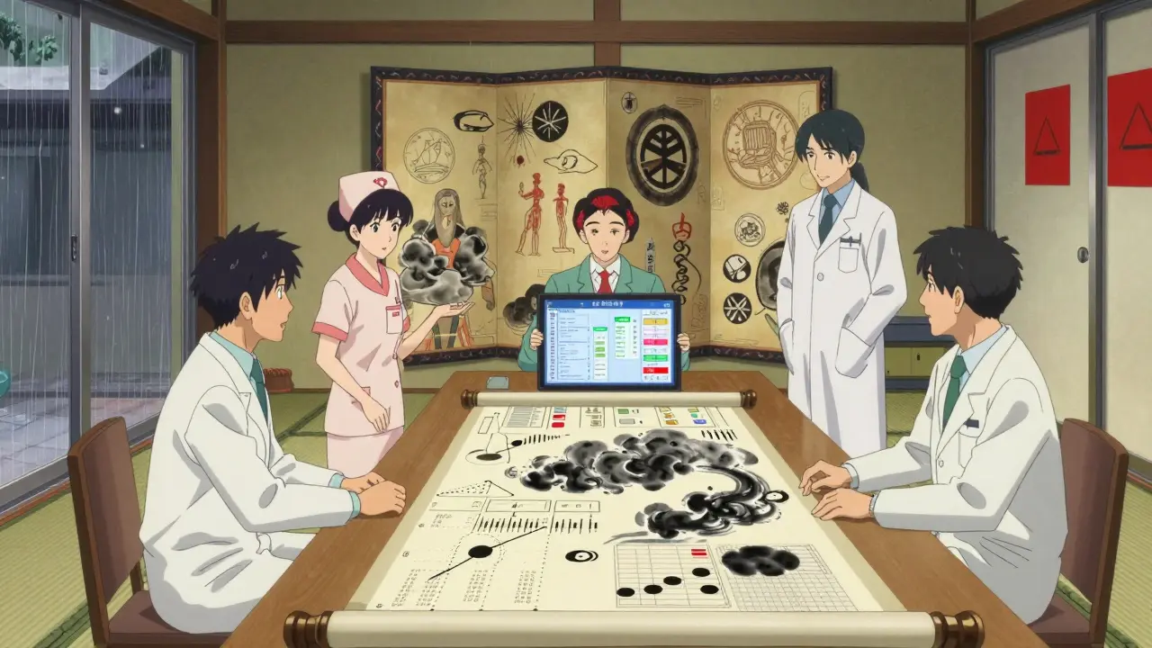 Un comité médical examine des données de médicaments sur un écran ancestral, dans une salle aux influences japonaises traditionnelles.