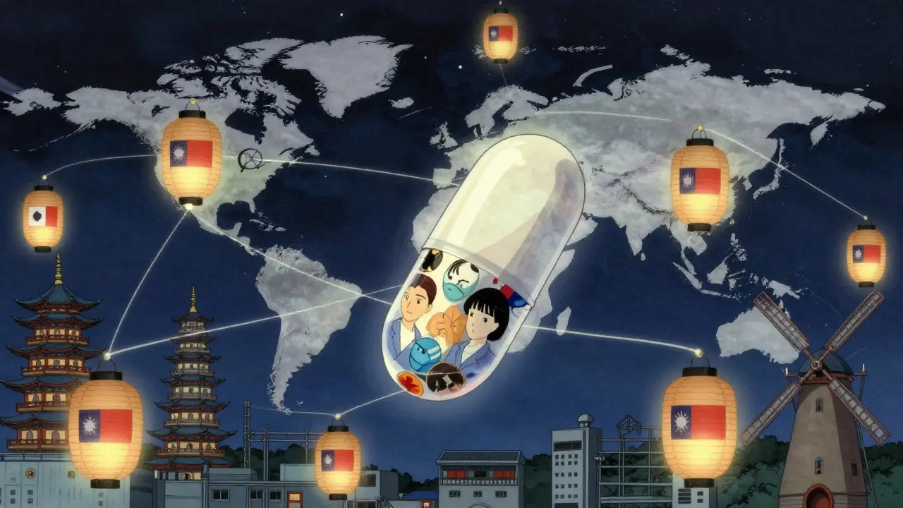 Un comprimé flotte au centre d’un réseau mondial d’usines, symbolisant la qualité et la sécurité des médicaments génériques.