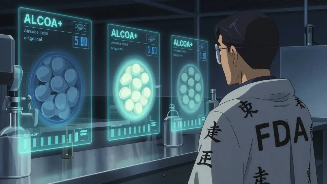 Un inspecteur de la FDA observe trois lots de comprimés aux halos lumineux, avec des données ALCOA+ flottant en style ukiyo-e.