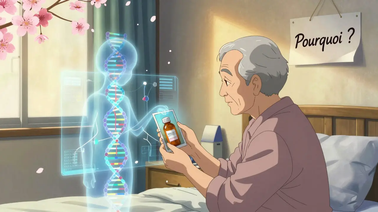 Un patient âgé regarde un spectre d'ADN et de médicaments flottants, entre soins personnalisés et algorithmes froids.