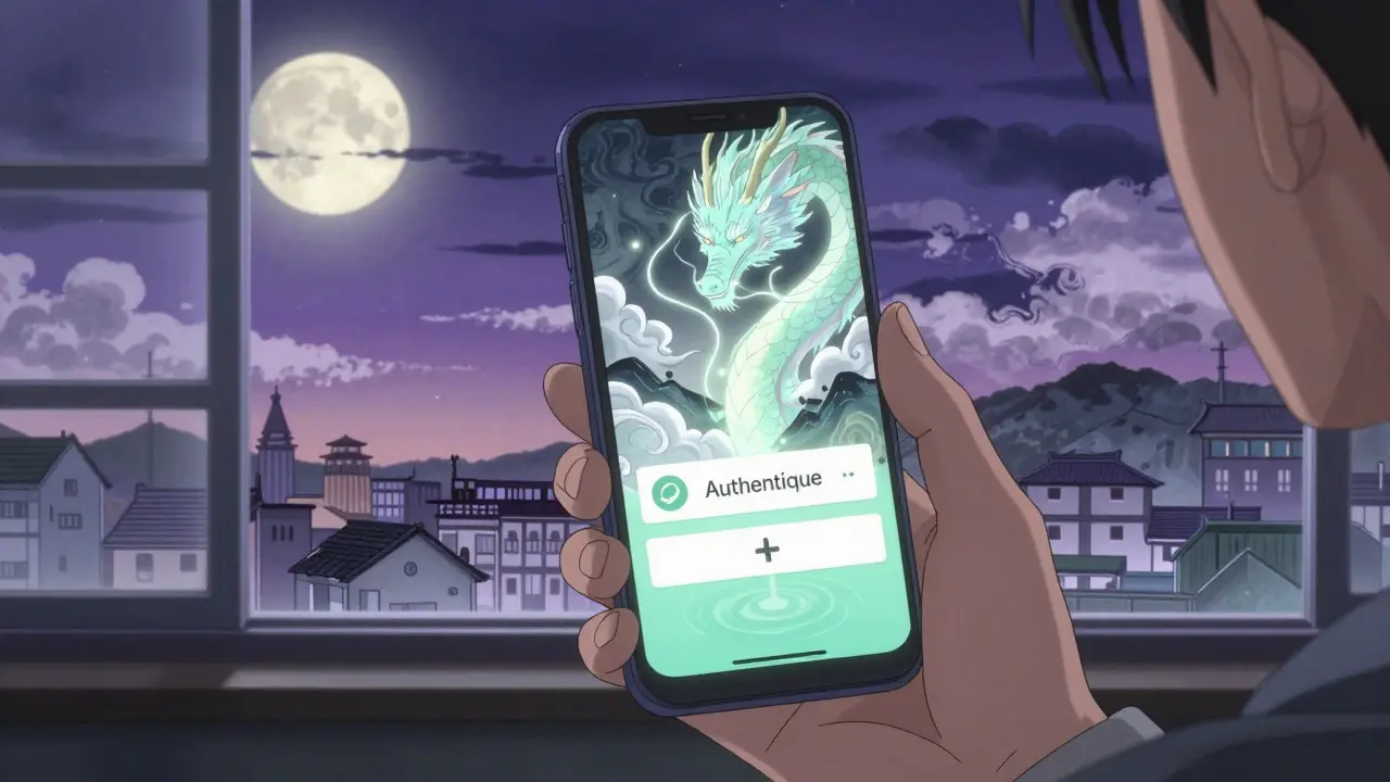 Un patient regarde son téléphone sous la lune, un dragon de lumière s'élève du écran vérifiant l'authenticité du médicament.