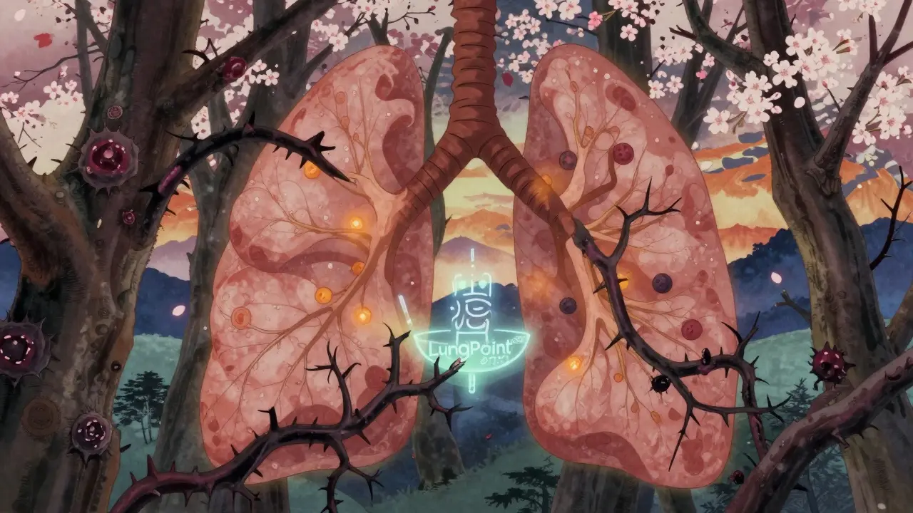 Un paysage symbolique de poumons où des fleurs représentent les tissus sains et des lianes sombres les nodules cancéreux.