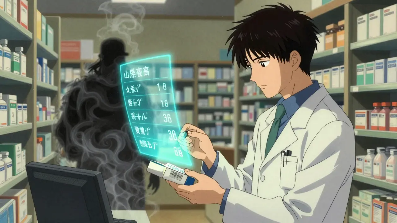 Un pharmacien scanne une boîte de médicament, des données holographiques flottent en calligraphie numérique autour de lui.