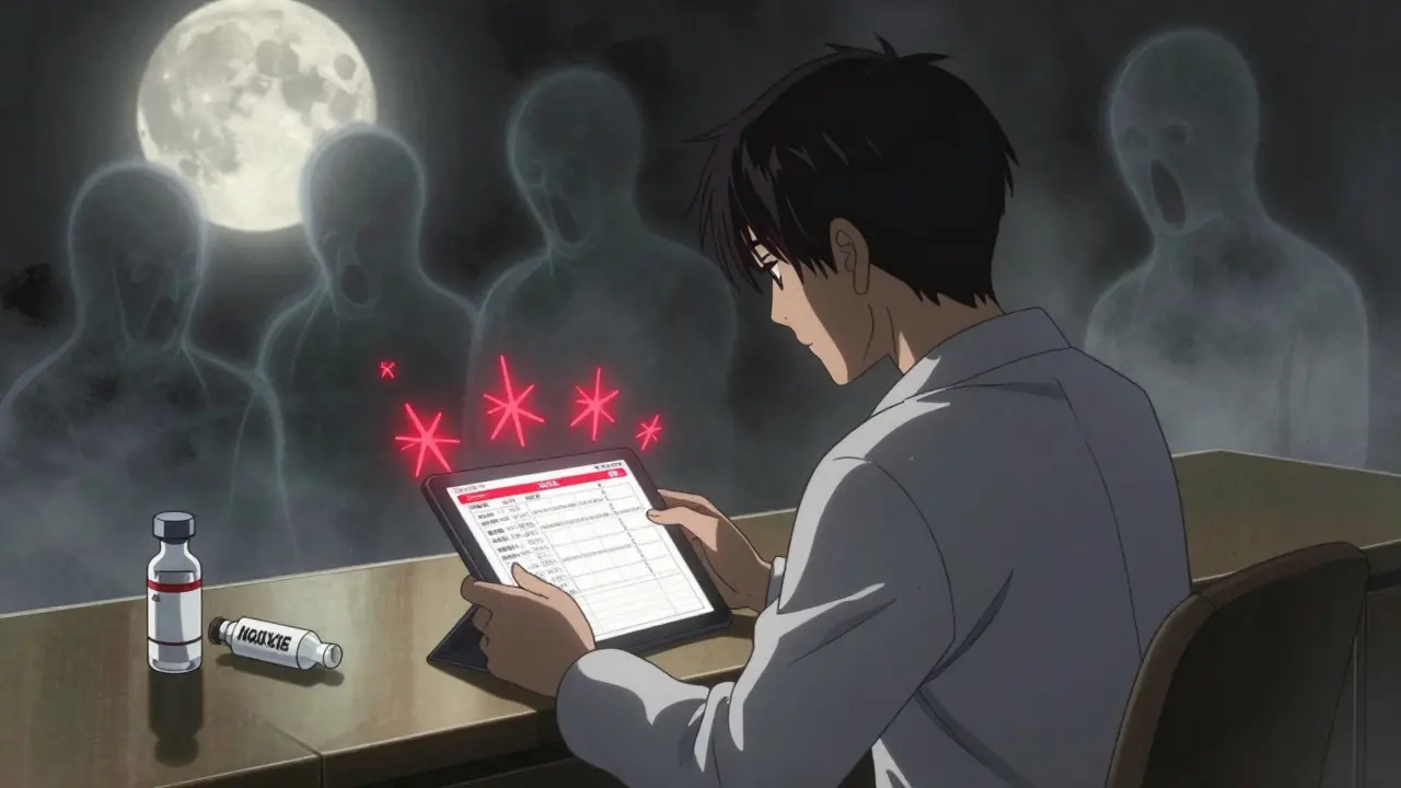 Un professionnel examine un journal d'override avec des alertes rouges flottantes, deux médicaments similaires sont éloignés dans l'armoire.