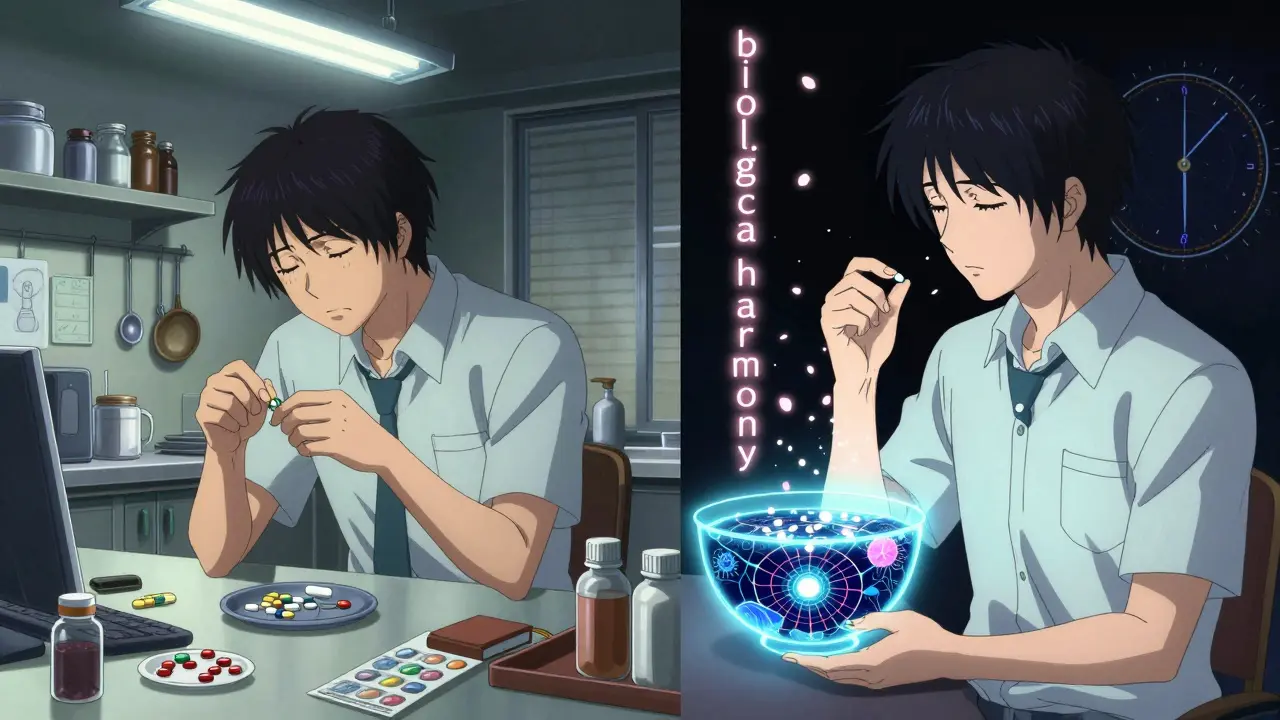 Un travailleur en horaire décalé compare sa routine chaotique à une version harmonieuse de lui-même, avec une carte génétique circadienne flottante.