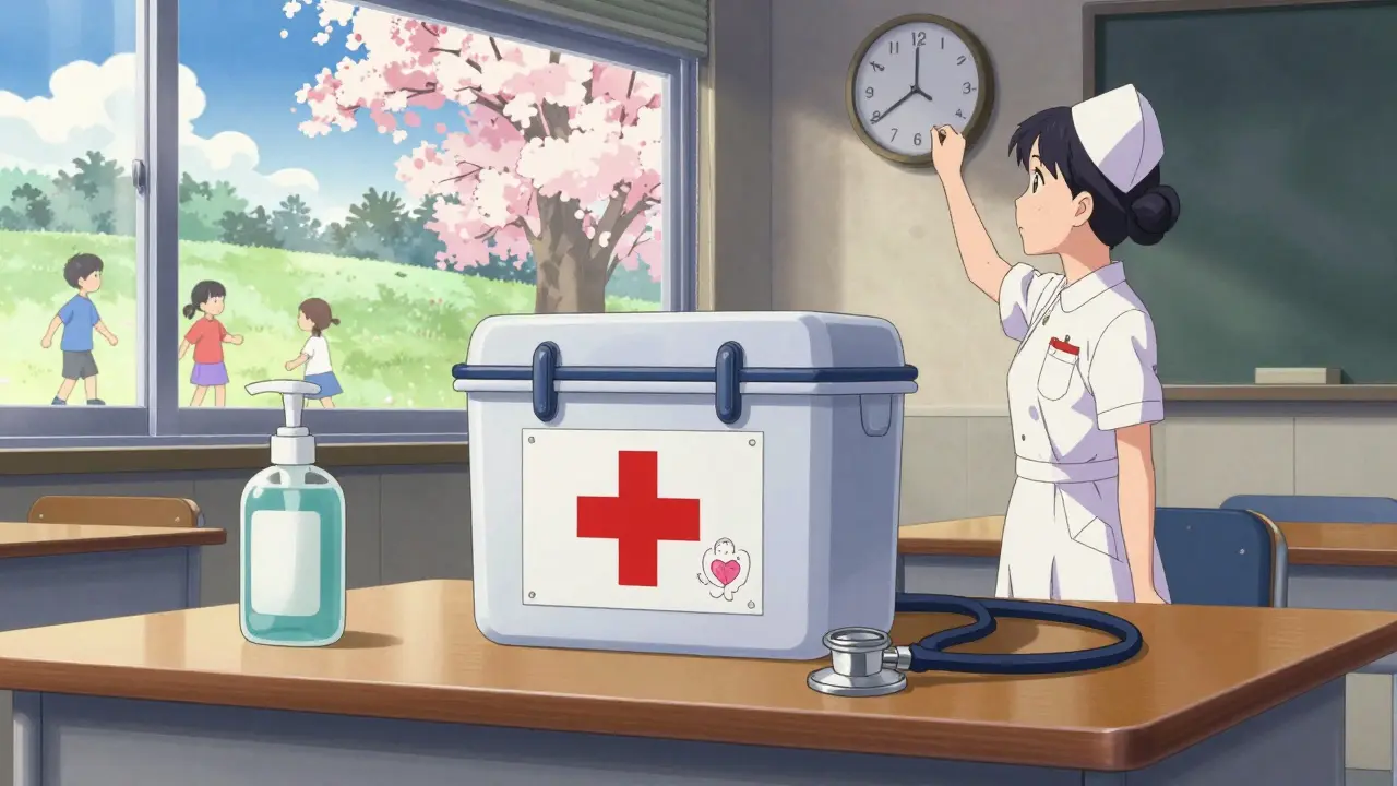 Une boîte sécurisée à fermeture par pression sur un bureau d'infirmière, dans une classe ensoleillée, près d'un horloge.