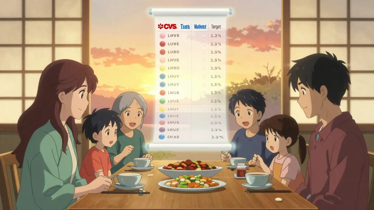 Une famille prend des médicaments génériques de différentes marques, avec un dépliant flottant montrant l'équivalence des ingrédients actifs.