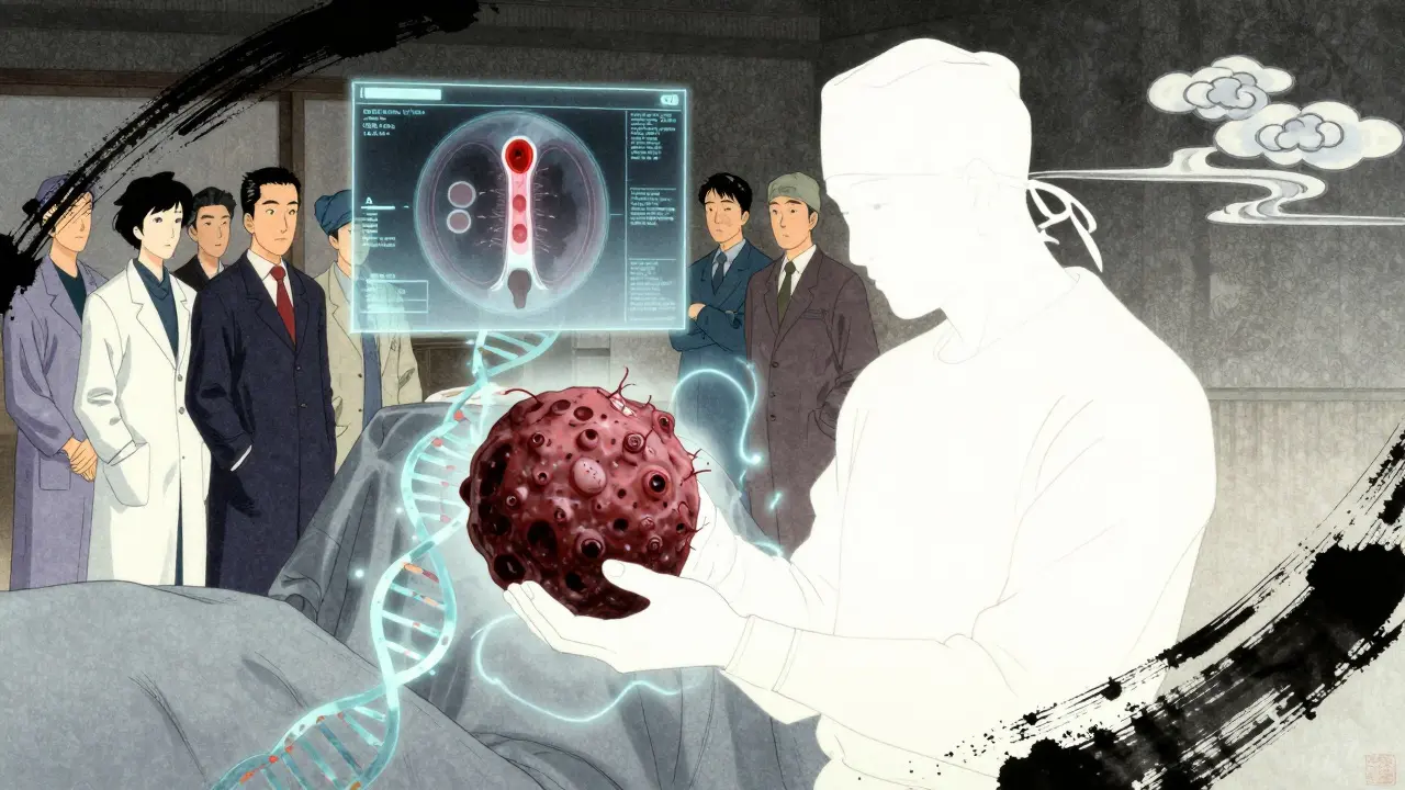 Une tumeur retirée en deux parties : une moitié détruite, l'autre intacte, avec des fils d'ADN brillants.