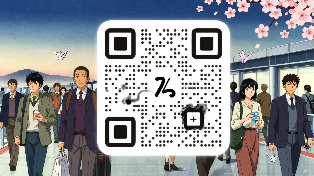 Code QR qui se transforme en motifs traditionnels japonais, entouré de voyageurs et de pétales de cerisier.
