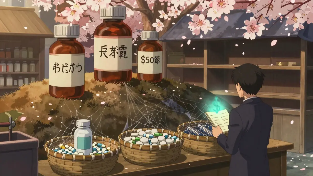 Des médicaments génériques inutilisés dans des paniers, face à des bouteilles de marque comme des samouraïs, dans un style anime ukiyo-e.
