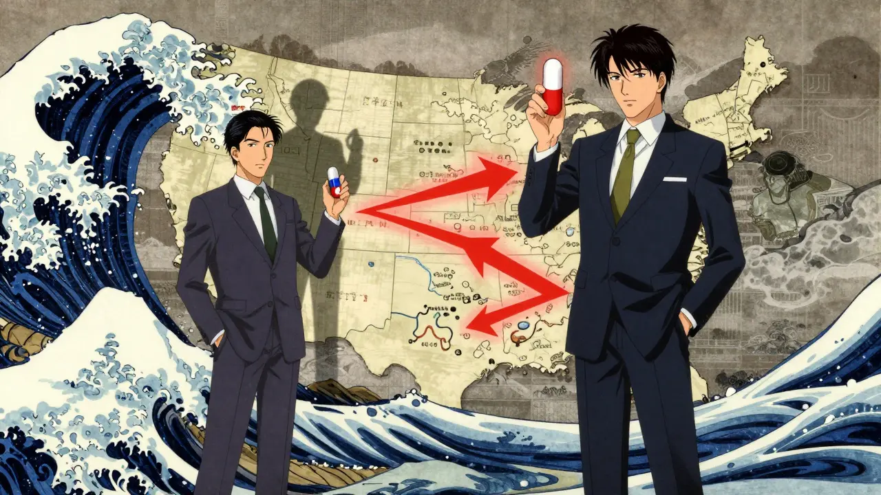 Deux dirigeants pharmaceutiques sur une carte du marché américain, l'un lançant un générique autorisé pour contrôler la part de marché.