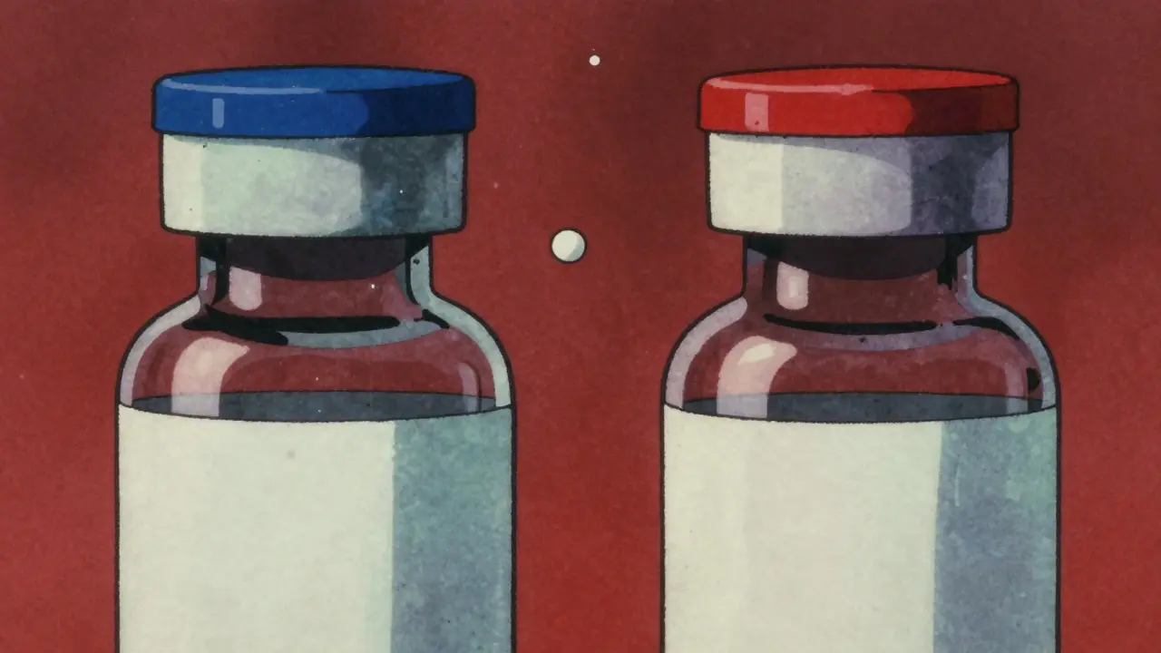 Deux flacons de médicaments similaires illustrant des confusions possibles.