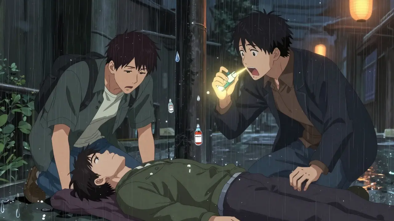 Deux personnes aident une personne inconsciente en position latérale de sécurité, une tient un spray de naloxone.