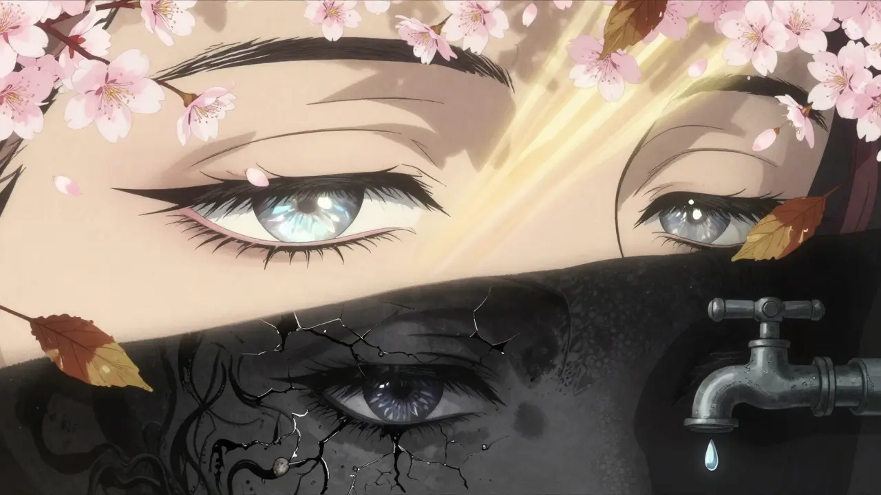 Deux versions d'un œil : l'un sain, respirant la lumière dorée, l'autre infecté et pourri, dans un style anime influencé par l'ukiyo-e.