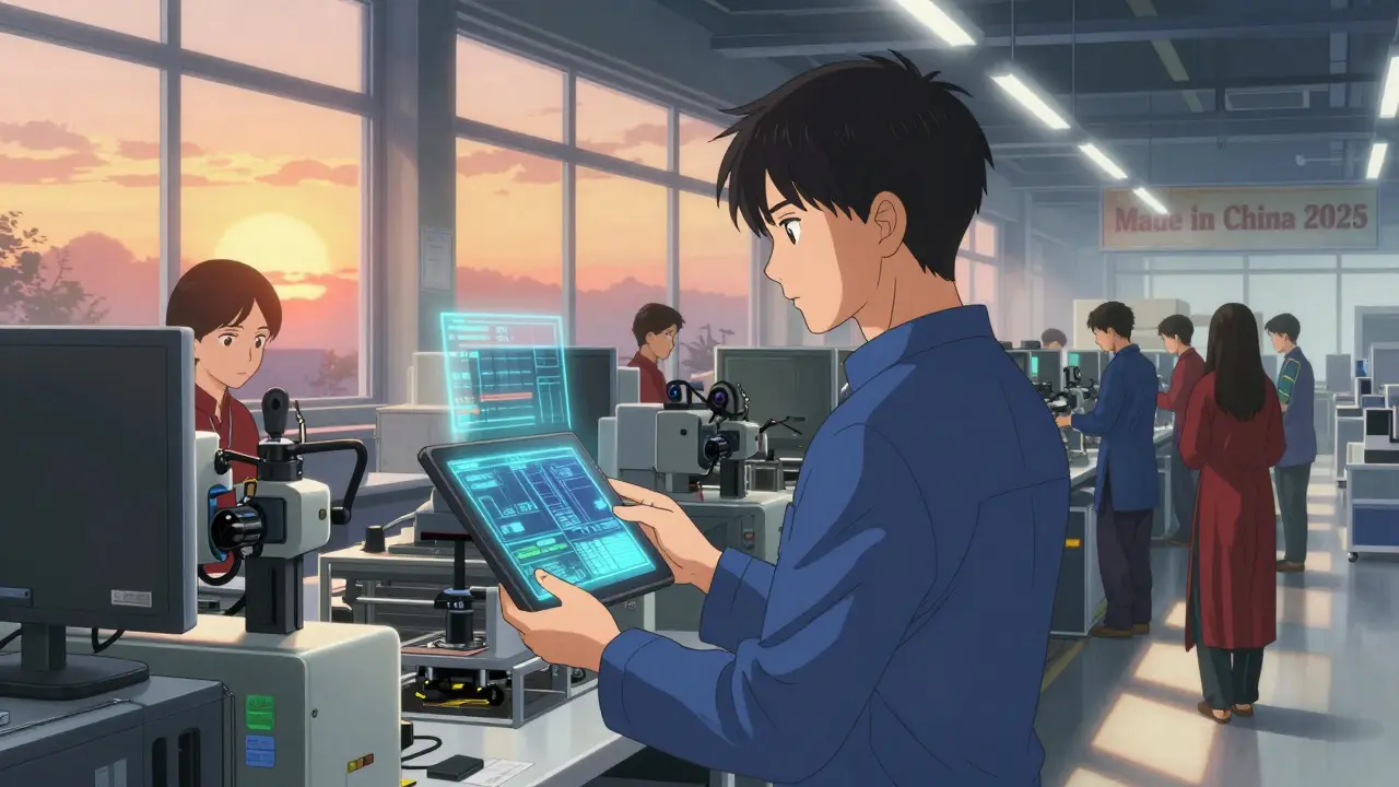 Ingénieur qualité vietnamien vérifiant les données en temps réel sur une tablette blockchain, dans une usine moderne au lever du soleil.